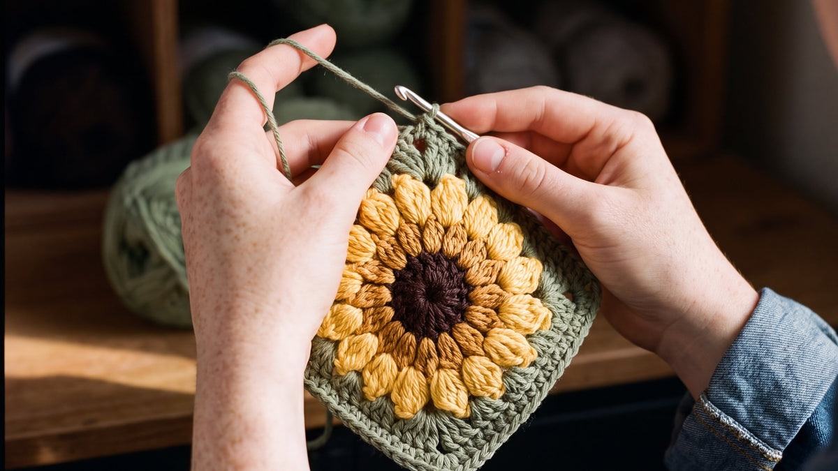 Hands crocheting a sunflower square for a cardigan