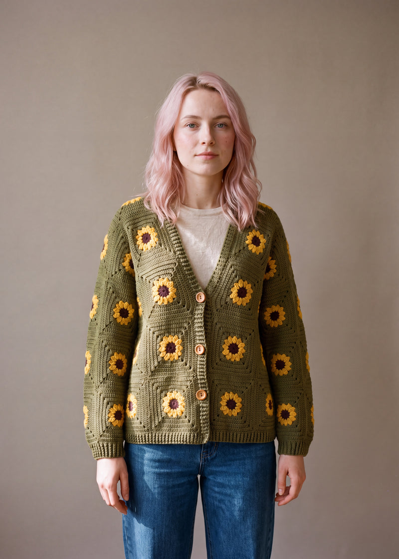 Oversized Sunflower Cardigan - Khaki - Olive/khaki squares crocheted granny square cardigan with raised crochet sunflowers, worn by Ana Chic