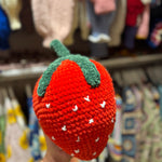 Handmade organic cotton crochet strawberry pillow by Ana Chic