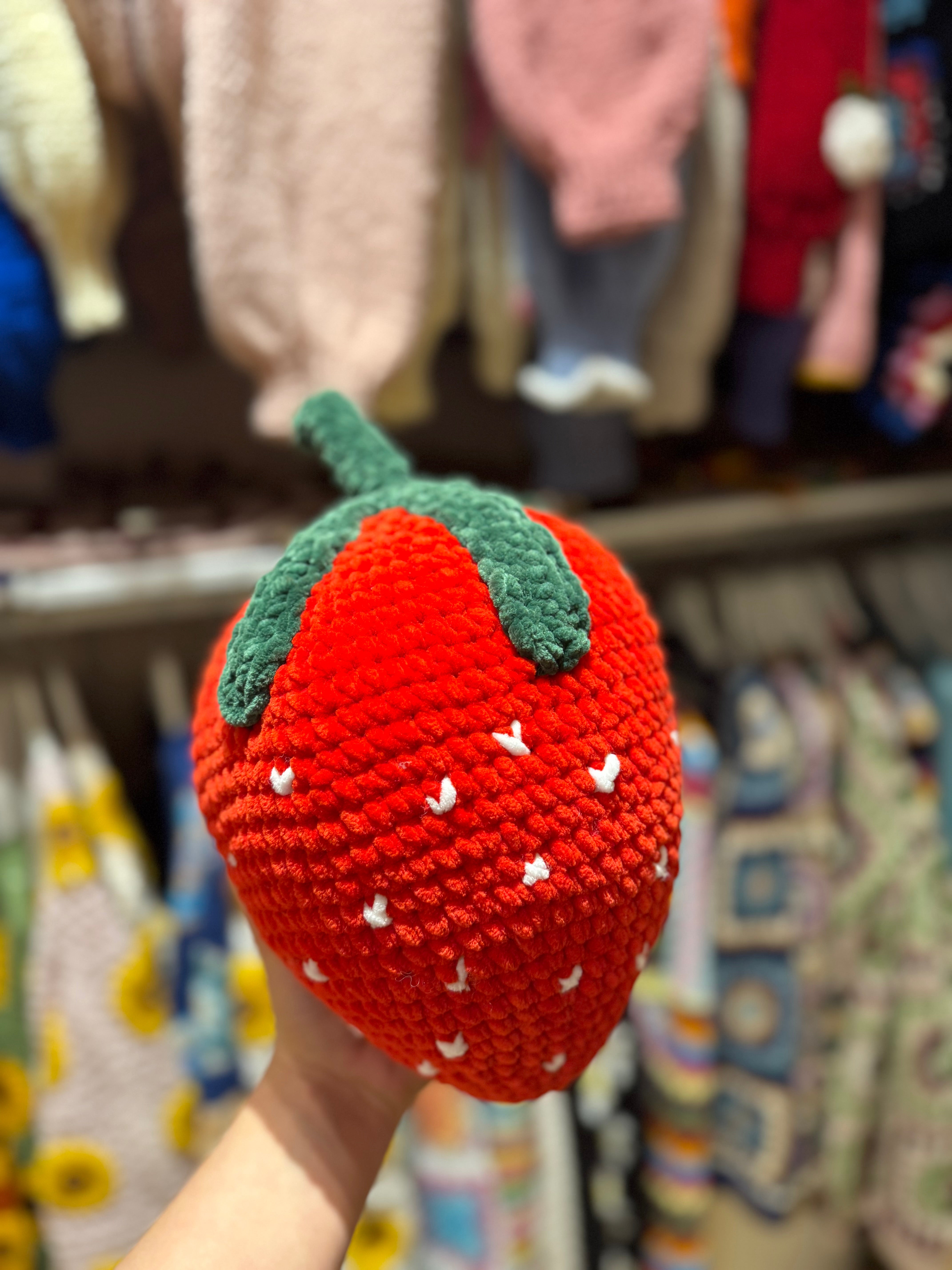 Handmade organic cotton crochet strawberry pillow by Ana Chic