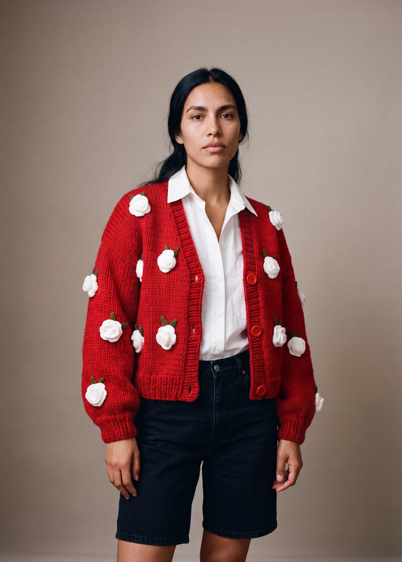 Red Rose Knit Cardigan - bright red chunky hand-knitted wool cardigan with crocheted motifs, worn open over a plain top by Ana Chic
