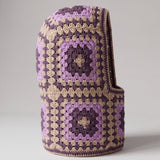 Sand and plum granny square balaclava standing on its own, back view of the hood — handmade by Ana Chic