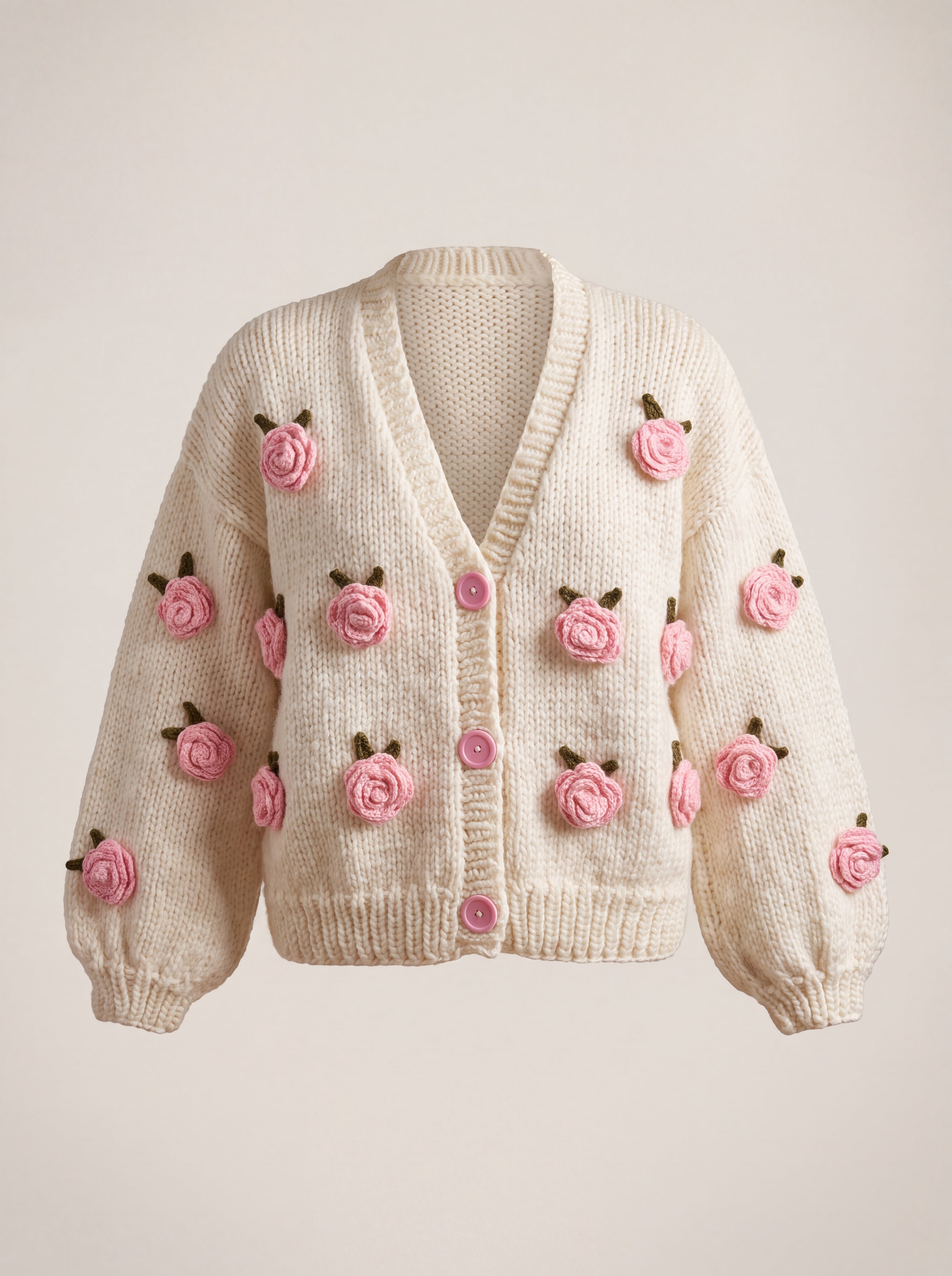 Rose Cream cardigan front — cream chunky hand-knitted wool cardigan with crocheted pink roses and pink buttons, handmade by Ana Chic