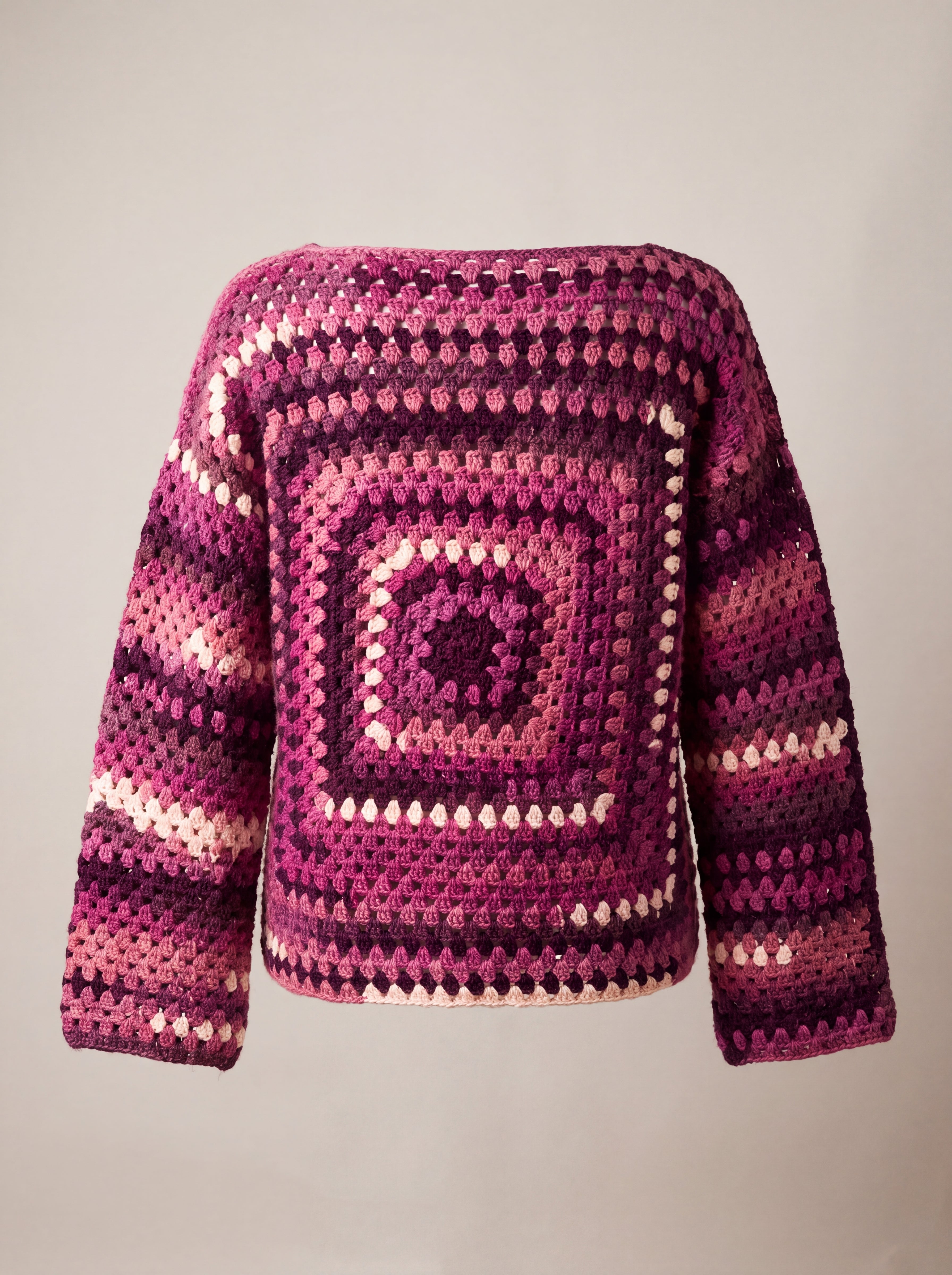 Berry, plum and blush pink granny square crochet jumper, back — handmade by Ana Chic