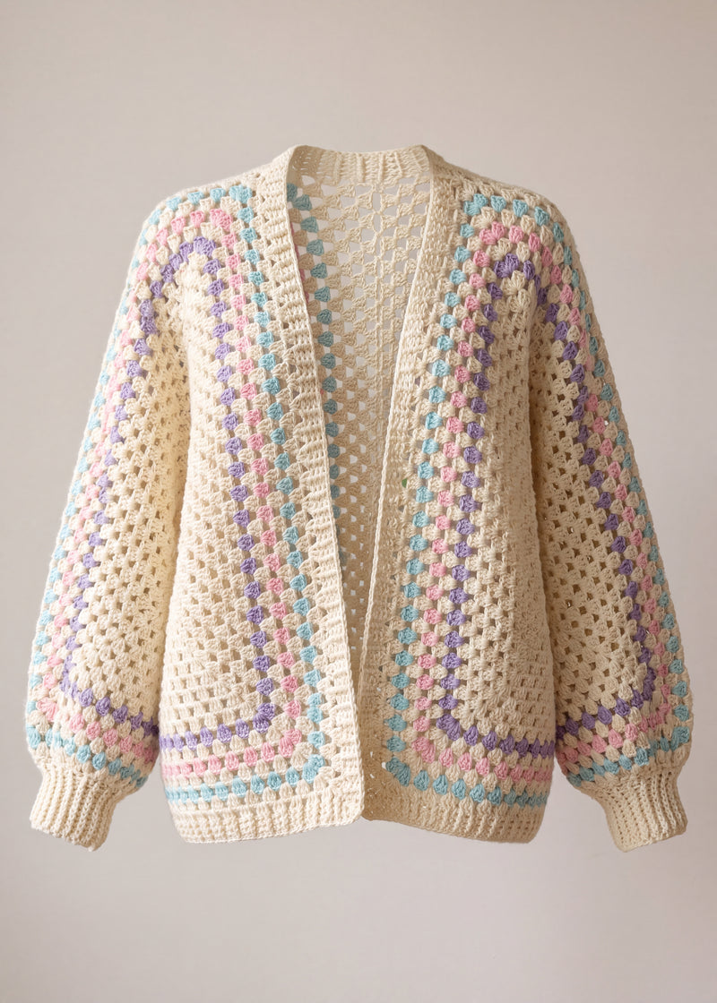 Ecru hexagon crochet cardigan with lilac, baby pink and turquoise stripes and wide batwing sleeves, front view - handmade by Ana Chic