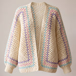 Ecru hexagon crochet cardigan with lilac, baby pink and turquoise stripes and wide batwing sleeves, front view - handmade by Ana Chic