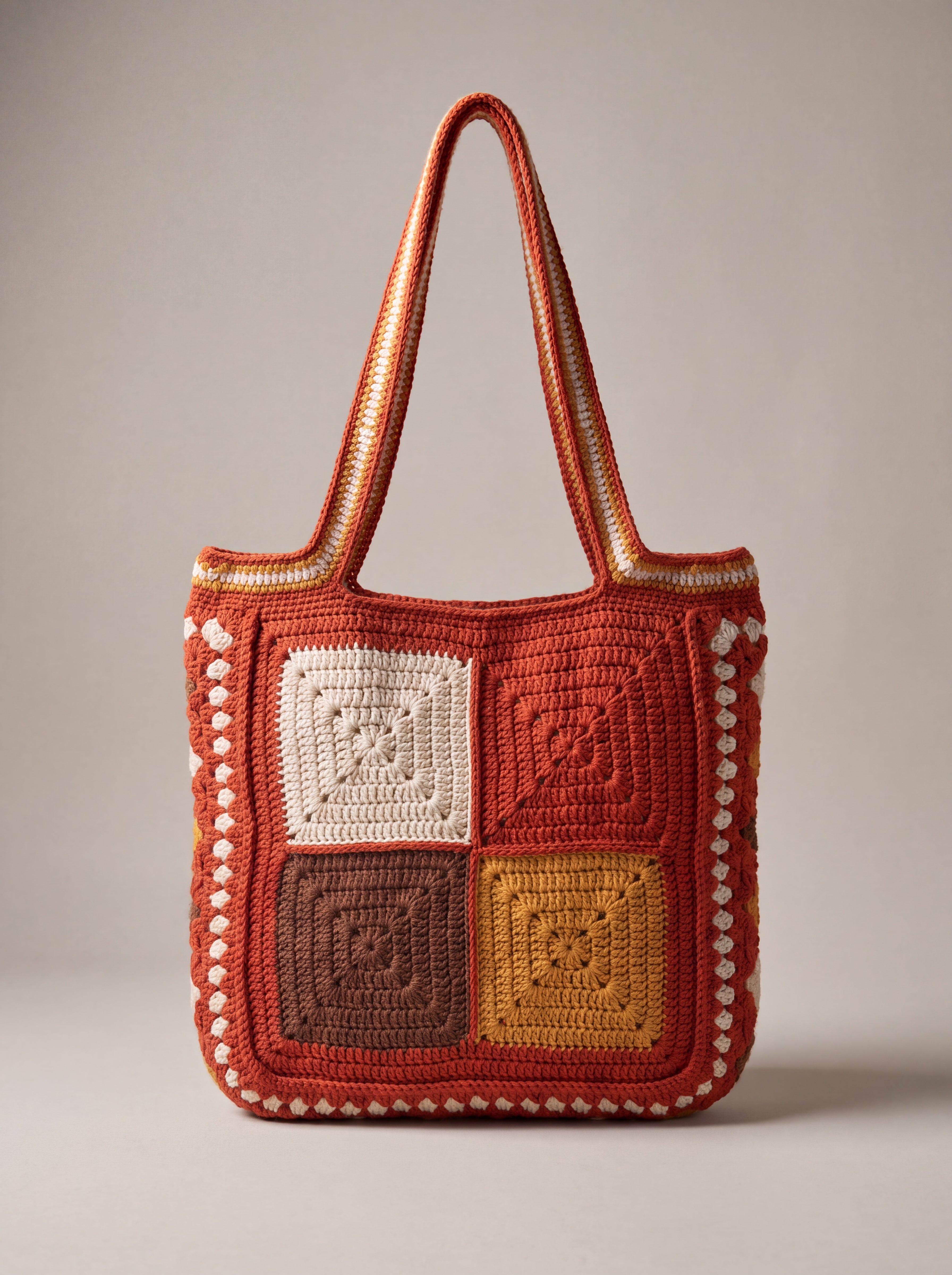 Back of the rust crochet tote bag with four plain granny squares — handmade by Ana Chic