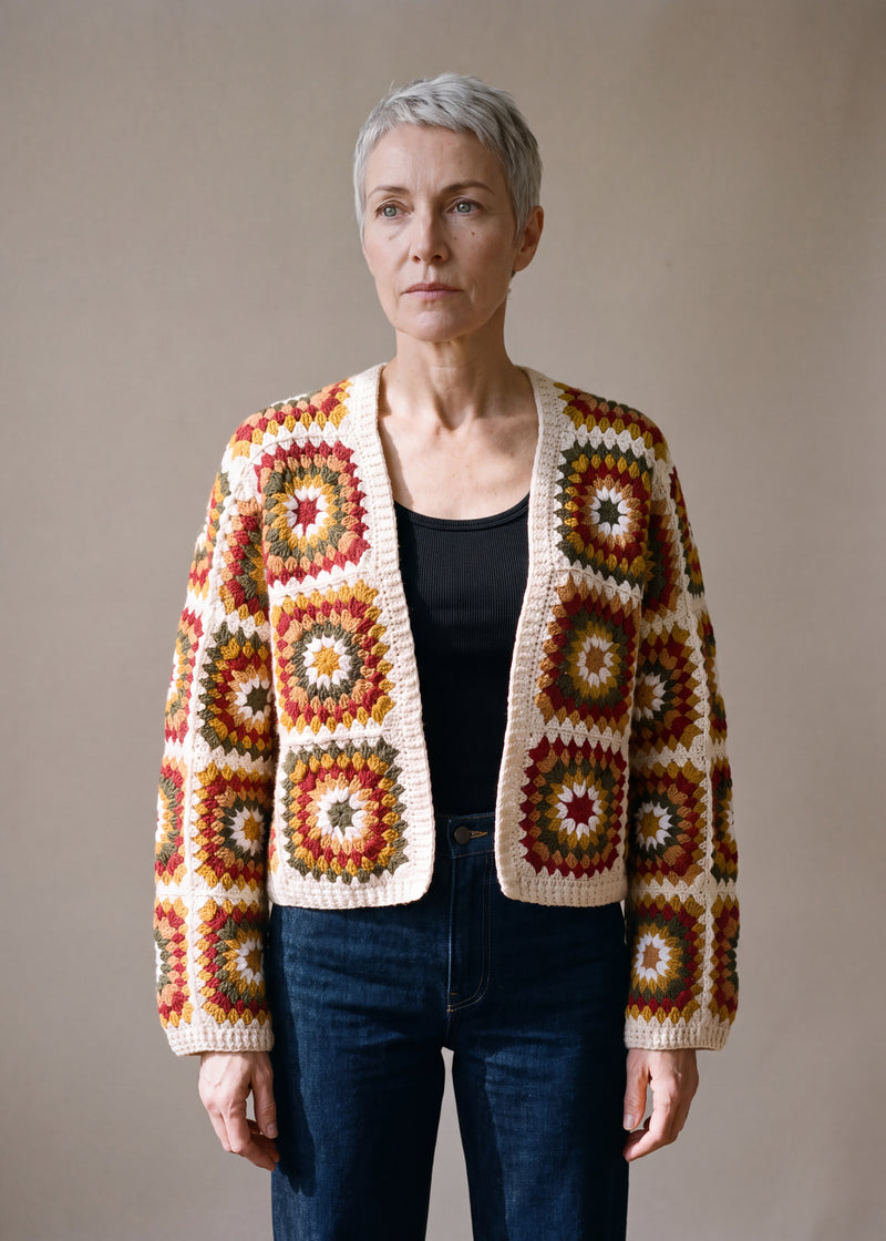 Boho Oversize - cream handmade crochet granny square cardigan worn open over a plain top by Ana Chic