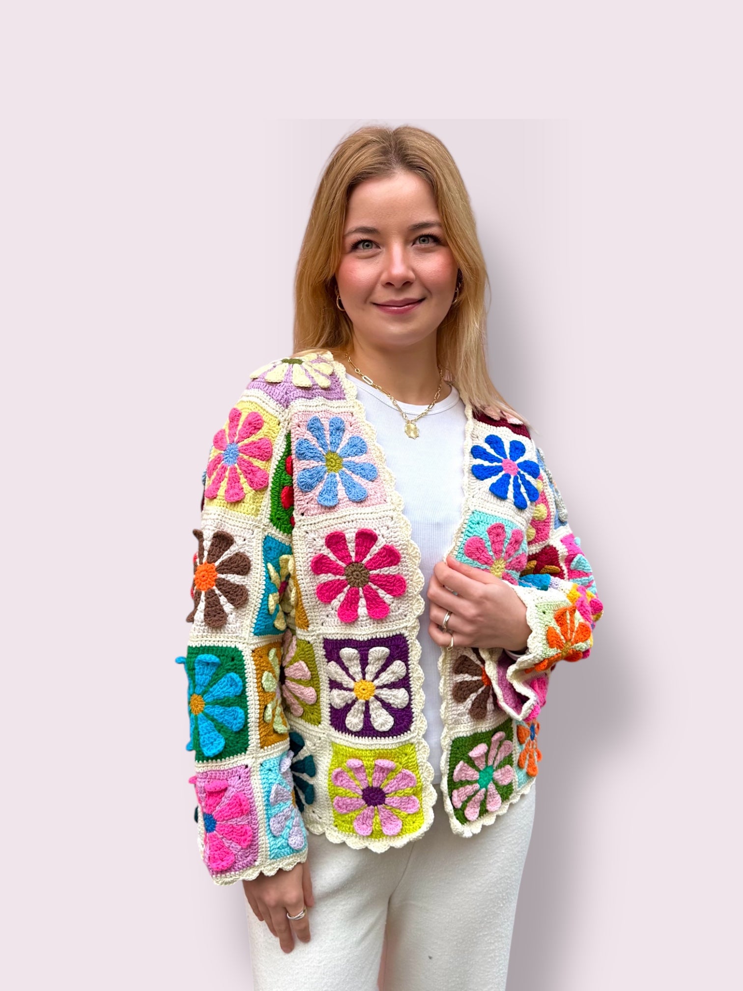 Handmade organic cotton crochet sunny petal cardigan by Ana Chic
