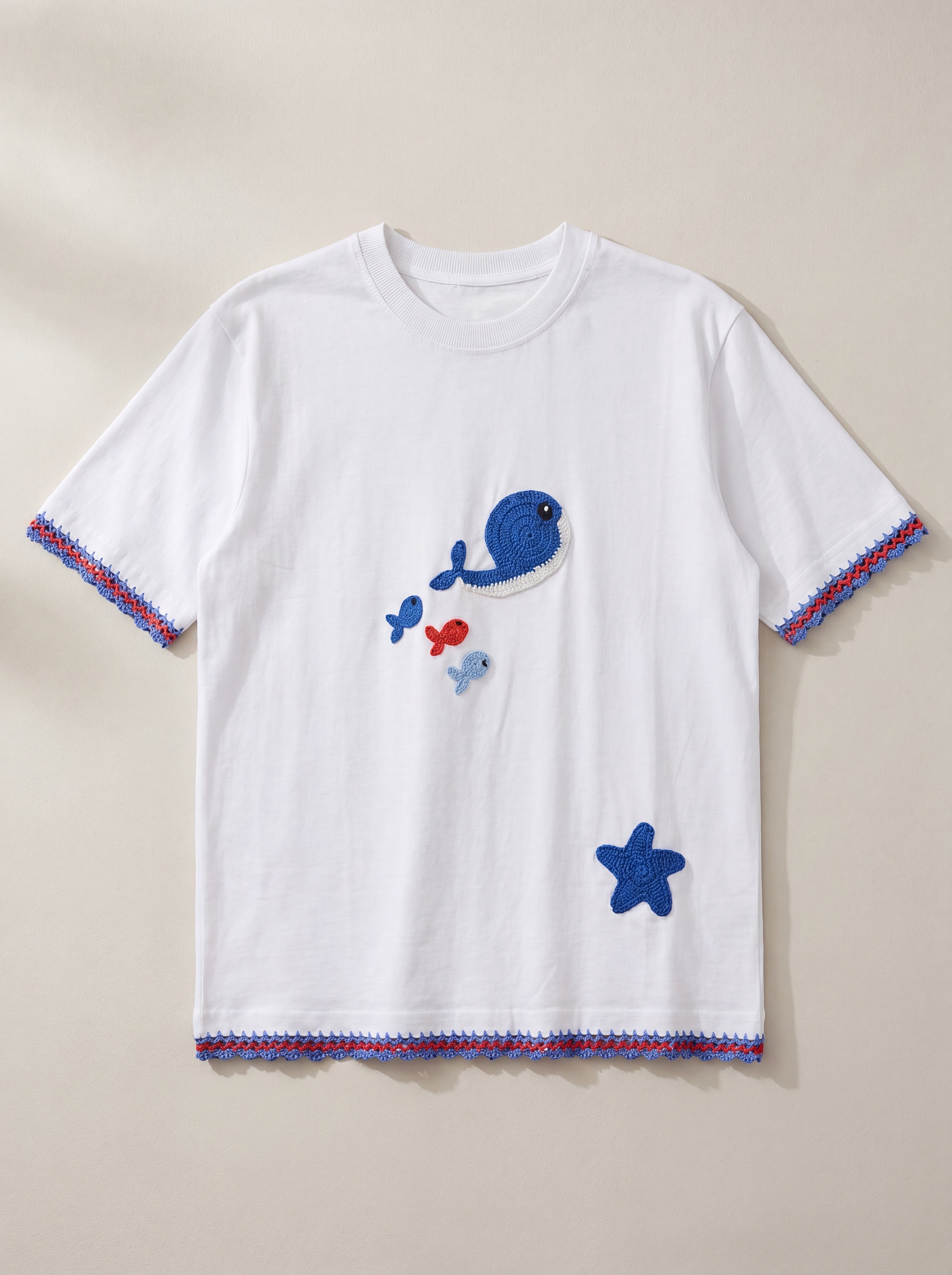 Handmade organic cotton t-shirt with crochet accents by Ana Chic