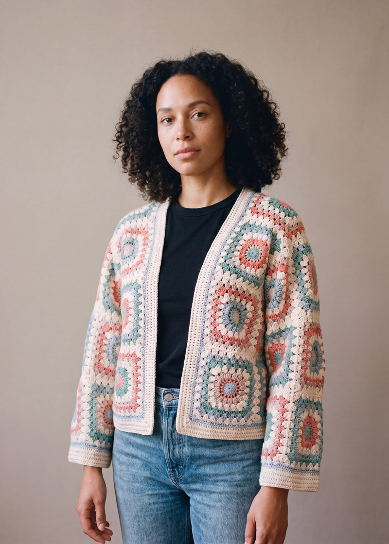 Boho Mosaic Pastel - cream handmade crochet granny square cardigan worn open over a plain top by Ana Chic