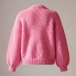 Rose Bubblegum cardigan back — plain pink chunky knit with balloon sleeves, handmade by Ana Chic