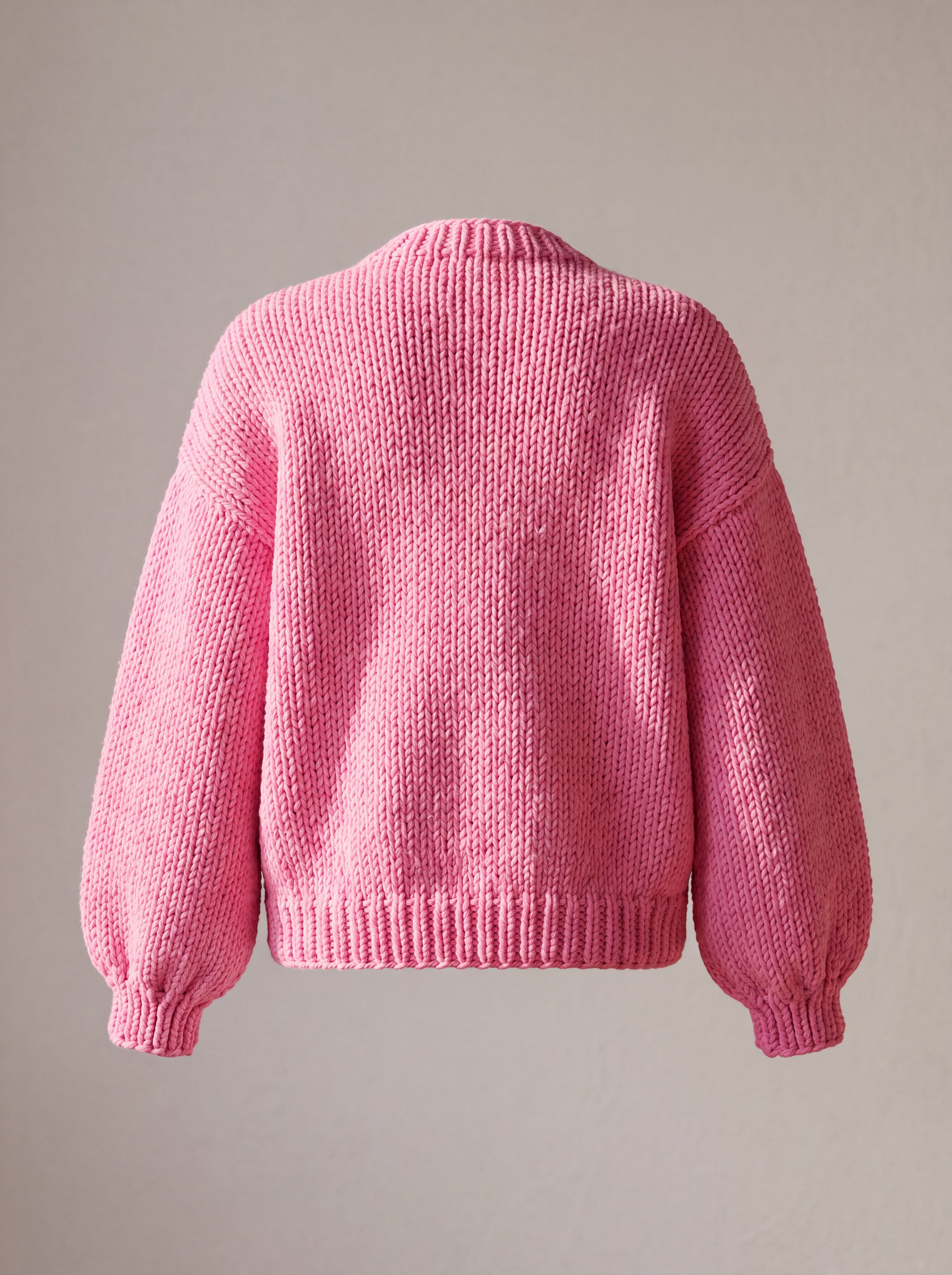 Rose Bubblegum cardigan back — plain pink chunky knit with balloon sleeves, handmade by Ana Chic