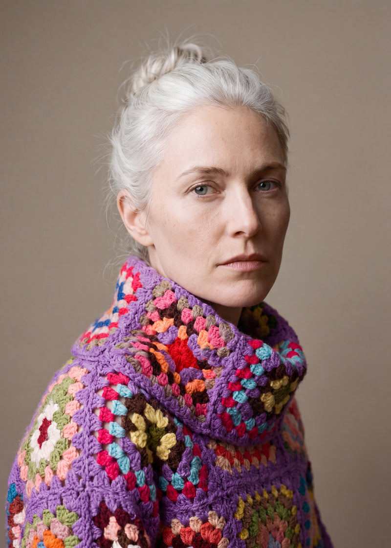 Close-up of the Patchwork Crochet Sweater in Purple, hand-crocheted granny square stitch detail