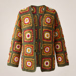 Green Boho Cardi front, handmade granny square crochet cardigan in olive green with a crochet tie at the neck