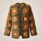 Green Boho Cardi front, handmade granny square crochet cardigan in olive green with a crochet tie at the neck