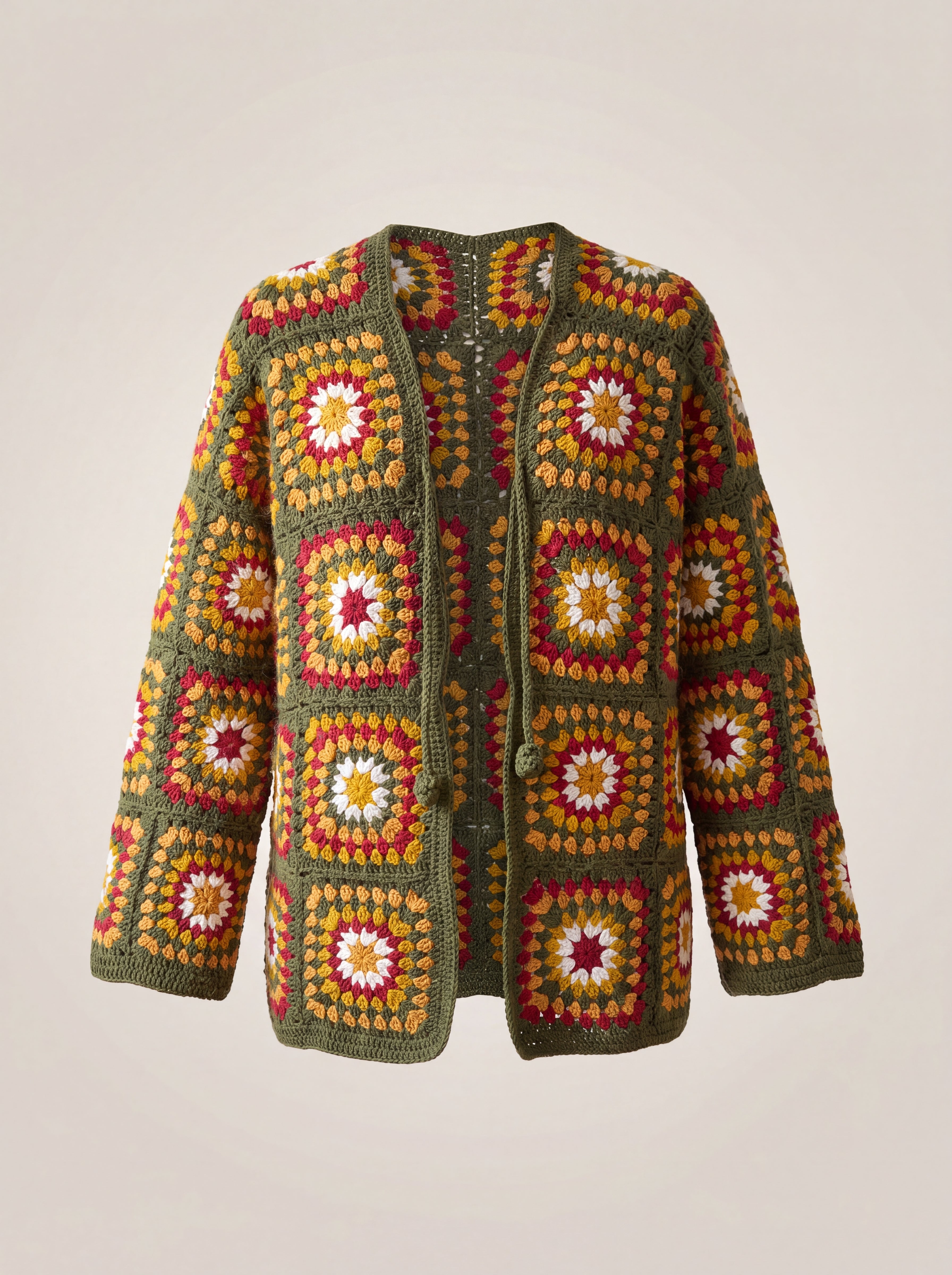 Green Boho Cardi front, handmade granny square crochet cardigan in olive green with a crochet tie at the neck