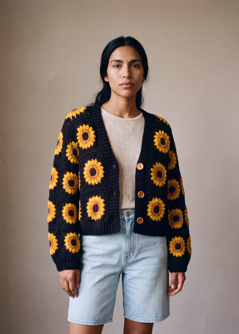 Crop Sunflower Cardigan - Black - Black squares crocheted granny square cardigan with raised crochet sunflowers, worn by Ana Chic