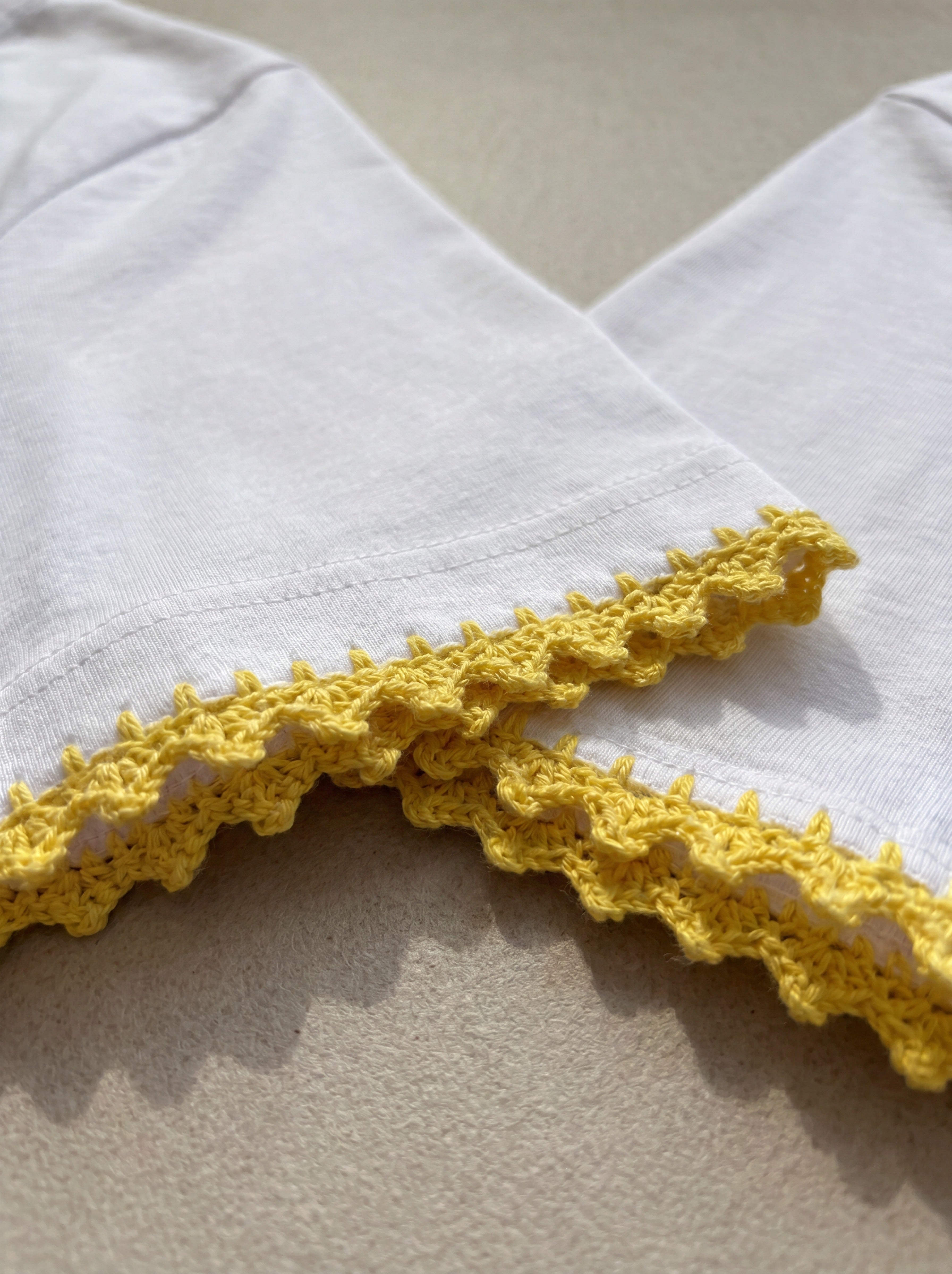 Handmade organic cotton t-shirt with crochet accents by Ana Chic