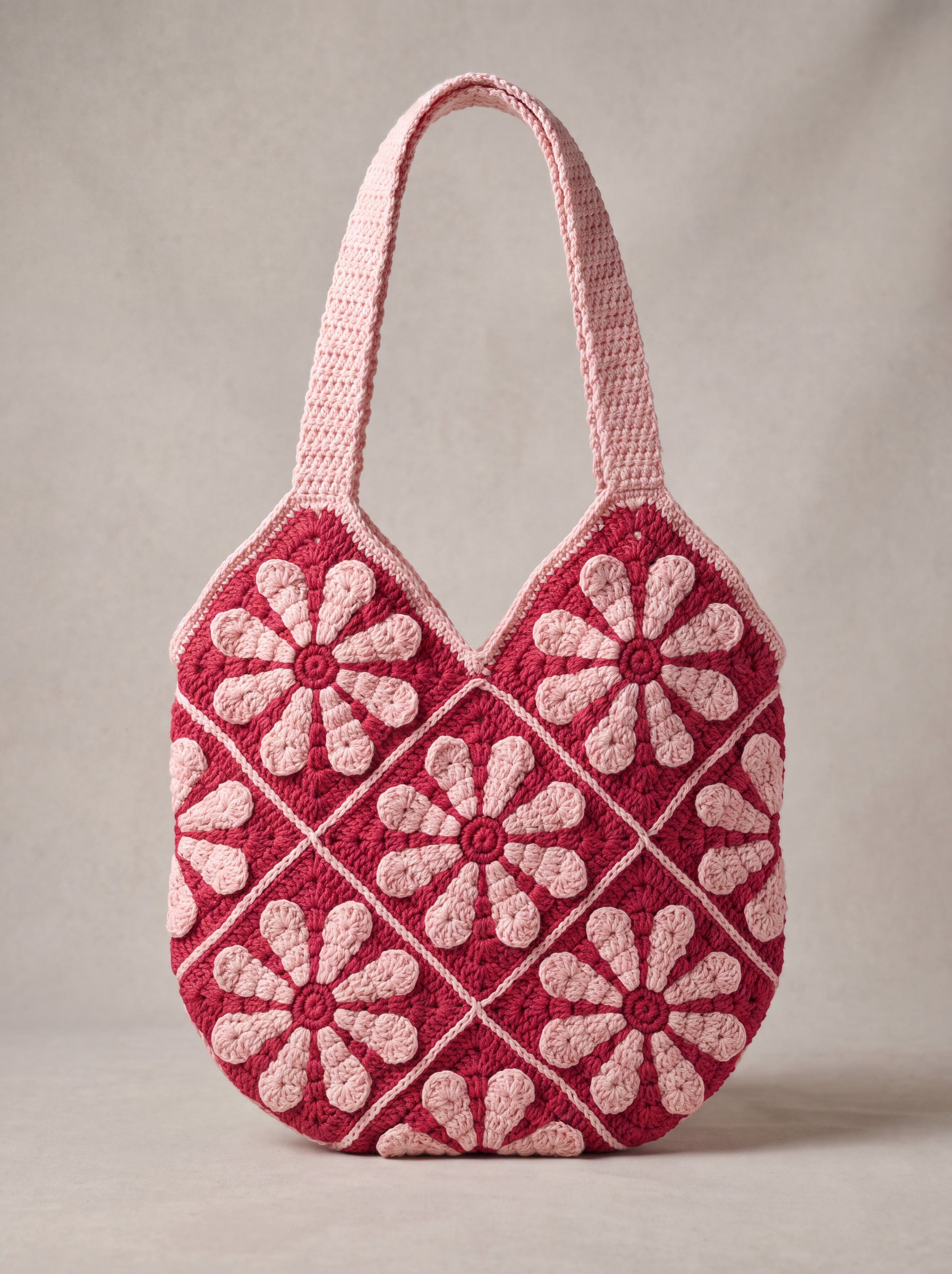 Back of the pink crochet shoulder bag with its daisy granny squares and pink shoulder straps — handmade by Ana Chic