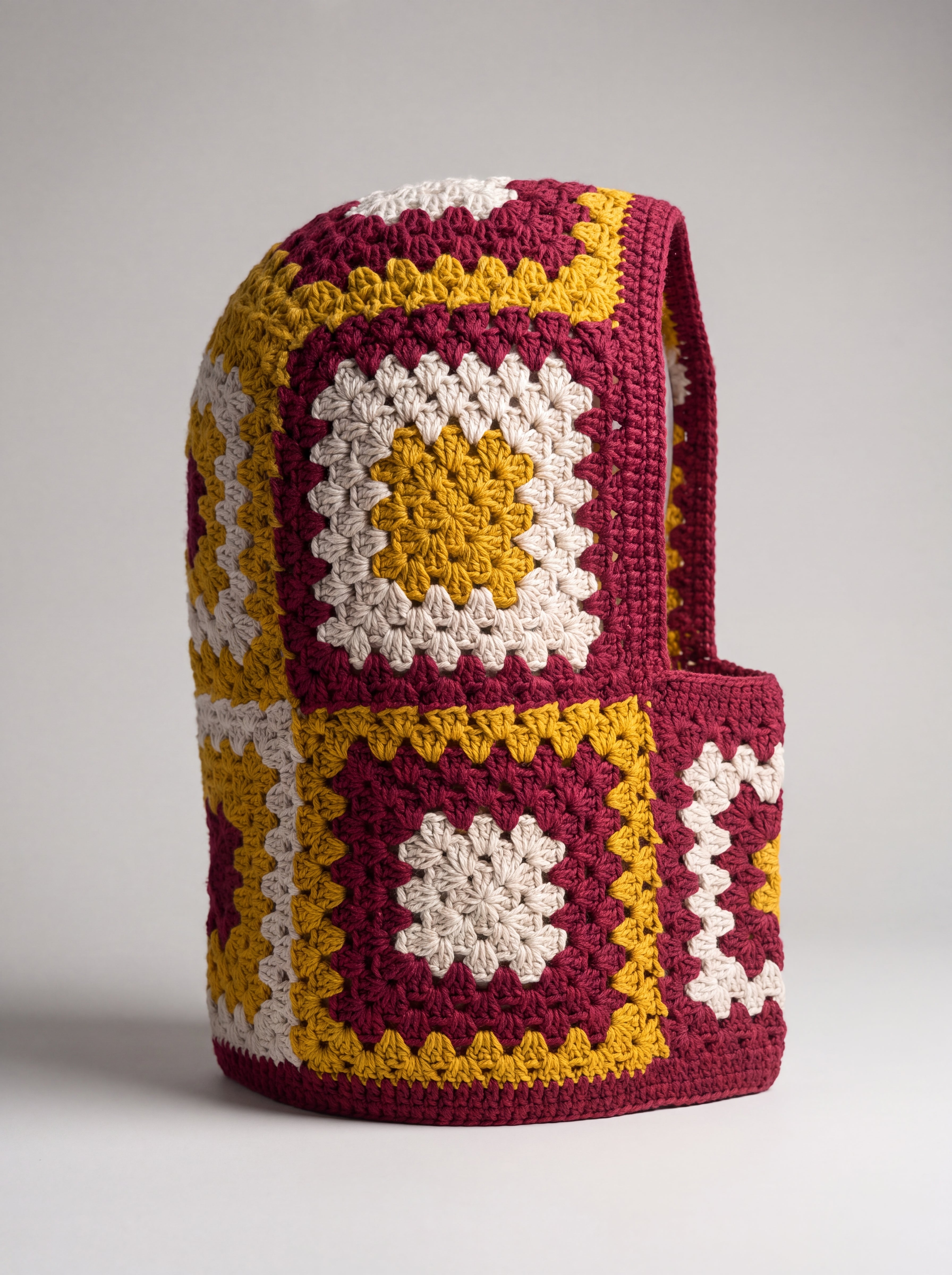 Burgundy and mustard granny square balaclava standing on its own, back view of the hood — handmade by Ana Chic