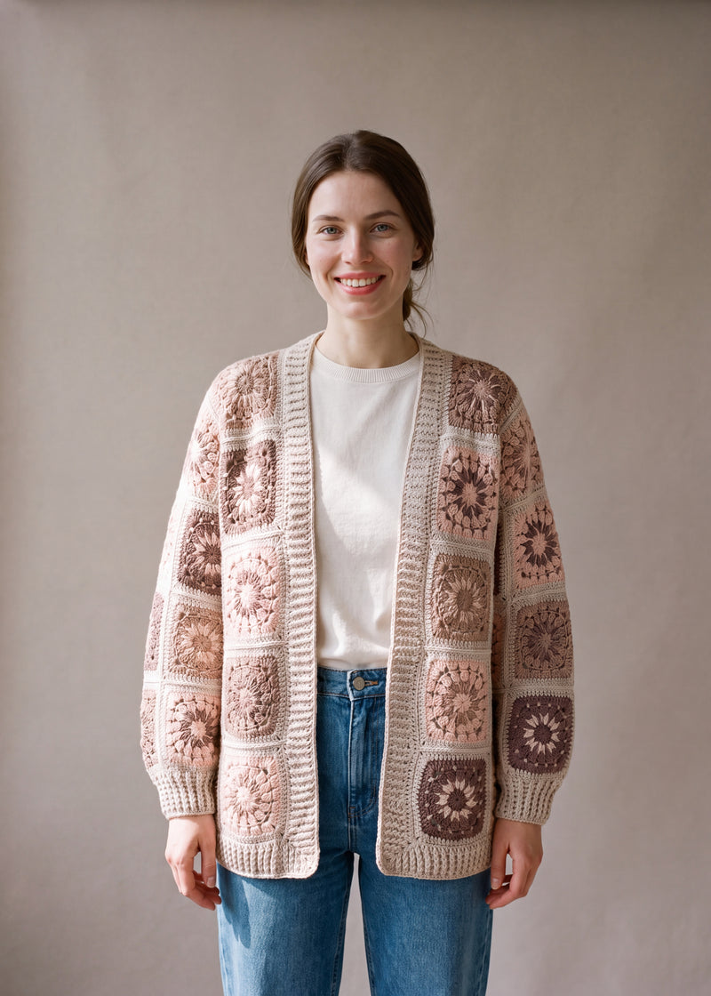 Brown Pink Cardigan worn open - handmade crochet cardigan by Ana Chic, Brighton studio