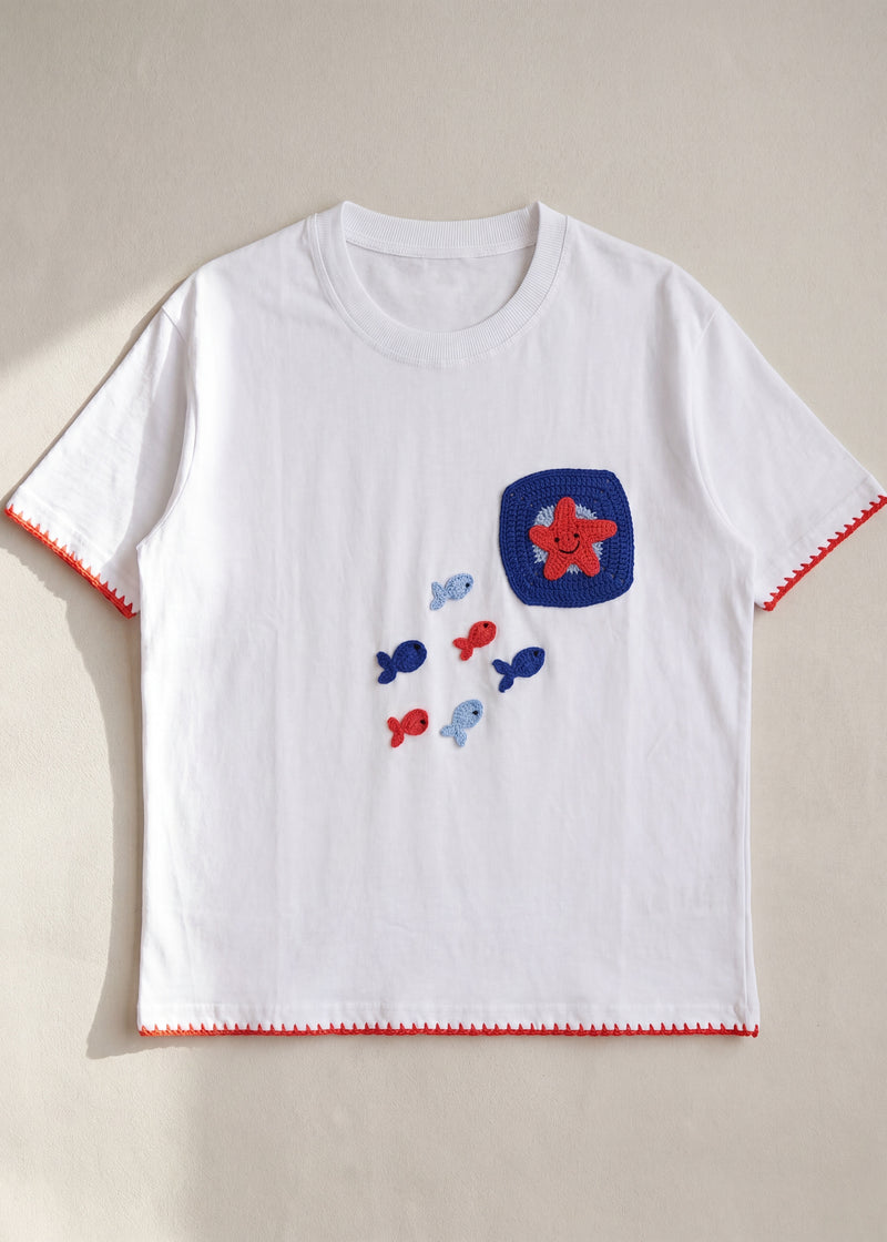 Handmade organic cotton t-shirt with crochet accents by Ana Chic