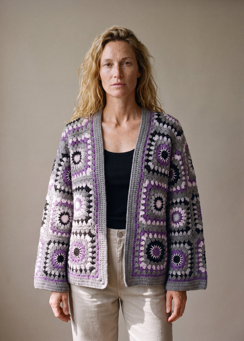 Boho Mosaic Grey - soft dove grey handmade crochet granny square cardigan worn open over a plain top by Ana Chic