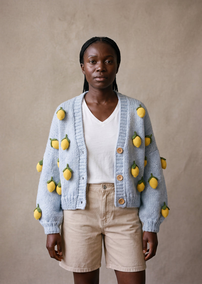 Lemon  – Chunky Wool Hand-Knitted Cardigan - powder blue chunky hand-knitted wool cardigan with crocheted motifs, worn open over a plain top by Ana Chic