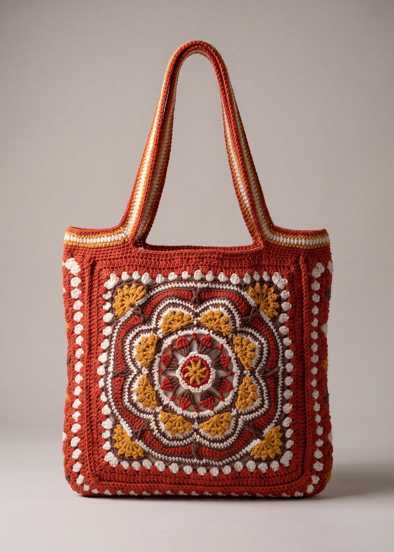 Front of the rust crochet tote bag with its raised crocheted medallion — handmade by Ana Chic