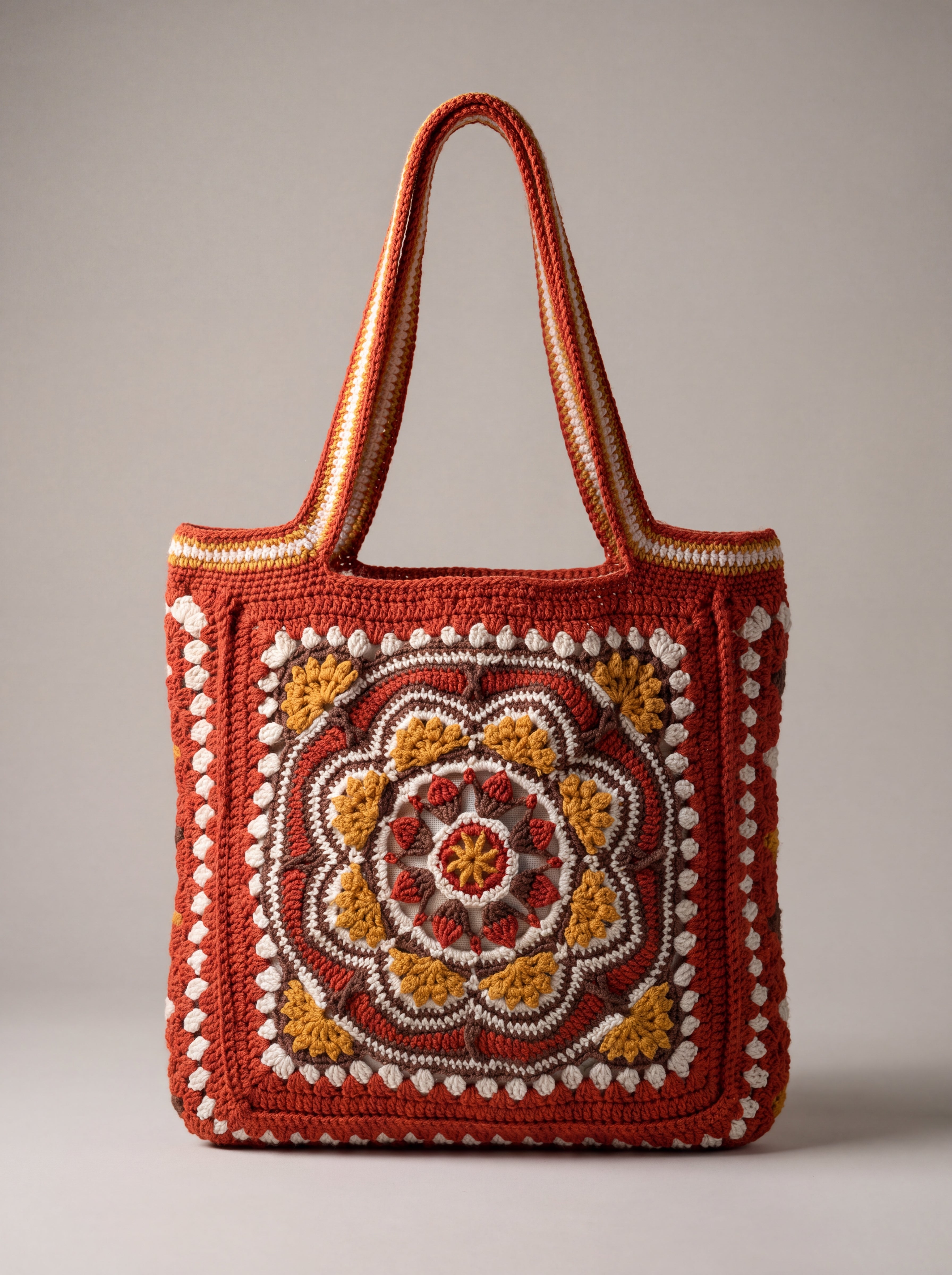 Front of the rust crochet tote bag with its raised crocheted medallion — handmade by Ana Chic