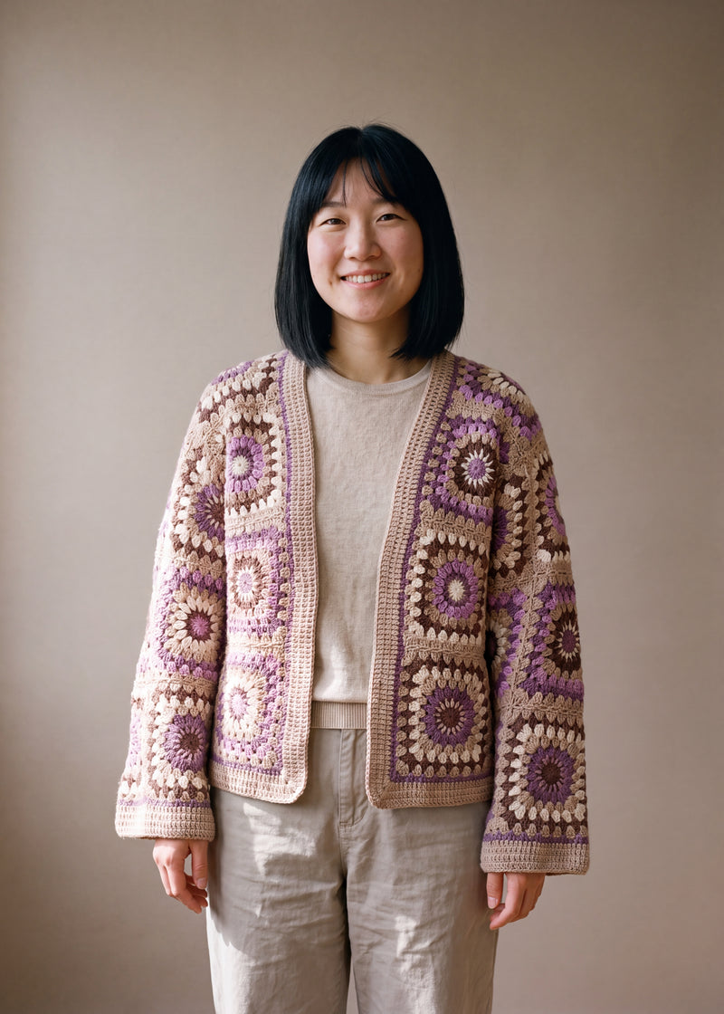 Boho Mosaic Purple - soft lilac purple handmade crochet granny square cardigan worn open over a plain top by Ana Chic
