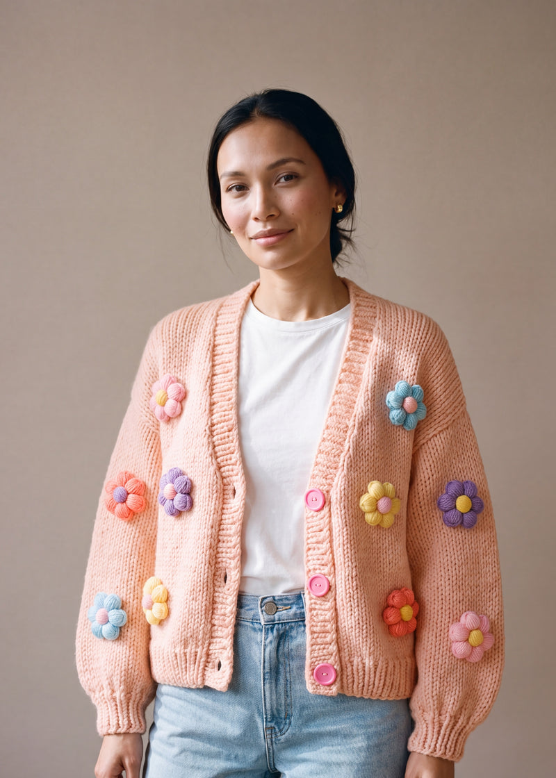 Woman wearing the Daisy Peach cardigan — peach chunky hand-knitted wool cardigan with pastel puff-stitch flowers over a white T-shirt, handmade by Ana Chic