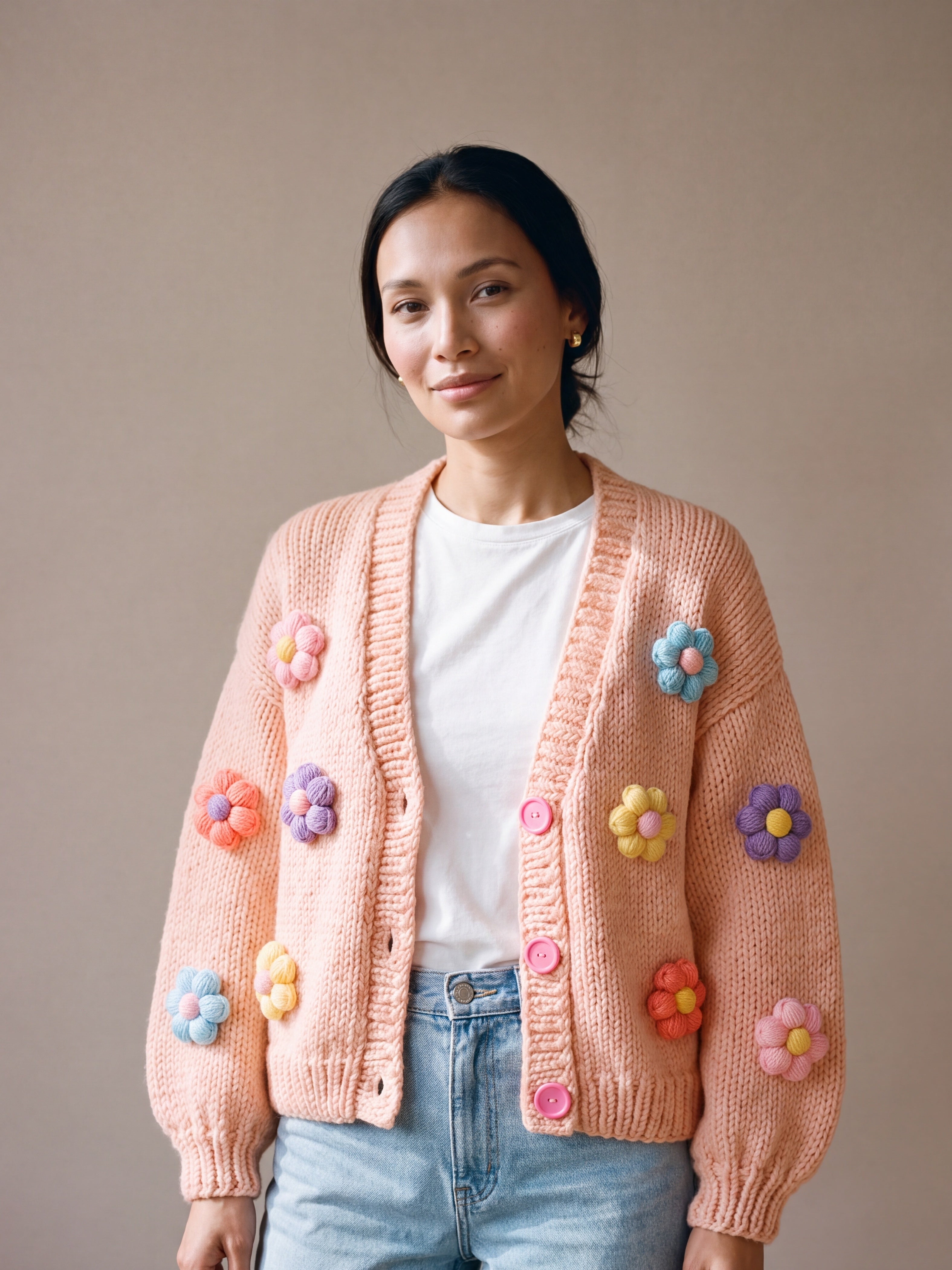 Woman wearing the Daisy Peach cardigan — peach chunky hand-knitted wool cardigan with pastel puff-stitch flowers over a white T-shirt, handmade by Ana Chic