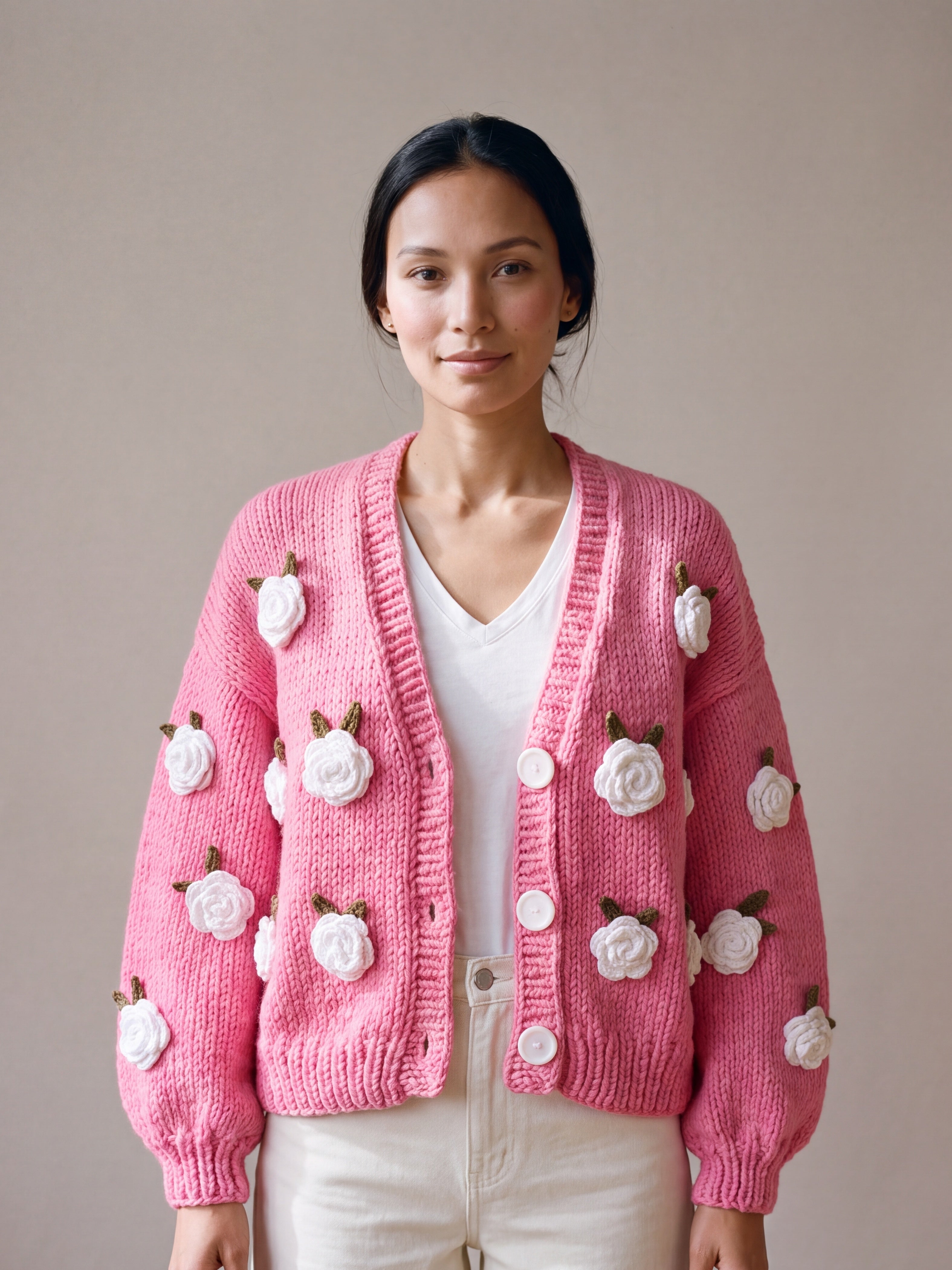 Woman wearing the Rose Bubblegum cardigan — bubblegum pink chunky hand-knitted wool cardigan with crocheted white roses over a white V-neck, handmade by Ana Chic