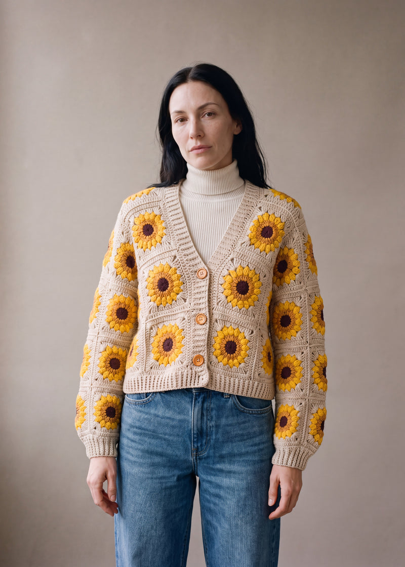 Crop Sunflower Cardigan - Beige - Oatmeal-cream squares crocheted granny square cardigan with raised crochet sunflowers, worn by Ana Chic