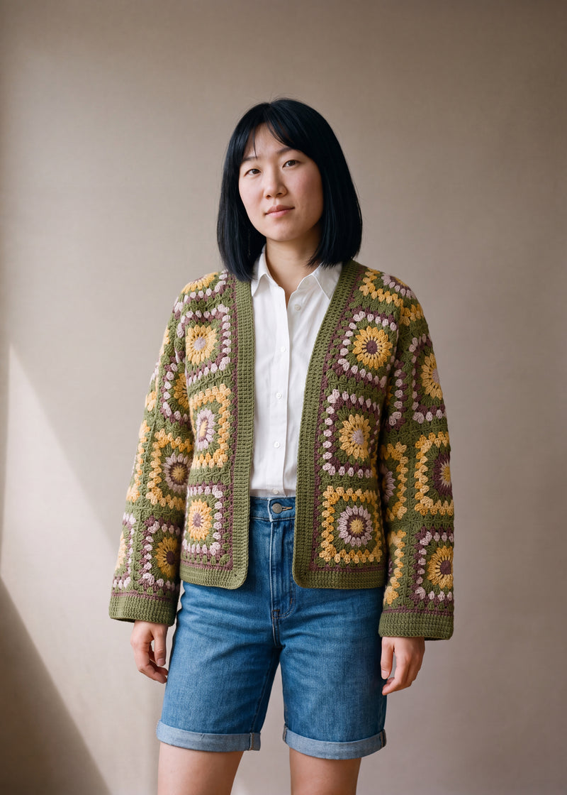 Boho Mosaic Khaki - olive khaki handmade crochet granny square cardigan worn open over a plain top by Ana Chic