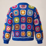 Back of the cobalt multicolour Ribbed Cuff Cardigan with ribbed hem and cuffs - handmade by Ana Chic