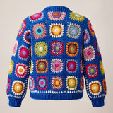 Back of the cobalt multicolour Ribbed Cuff Cardigan with ribbed hem and cuffs - handmade by Ana Chic