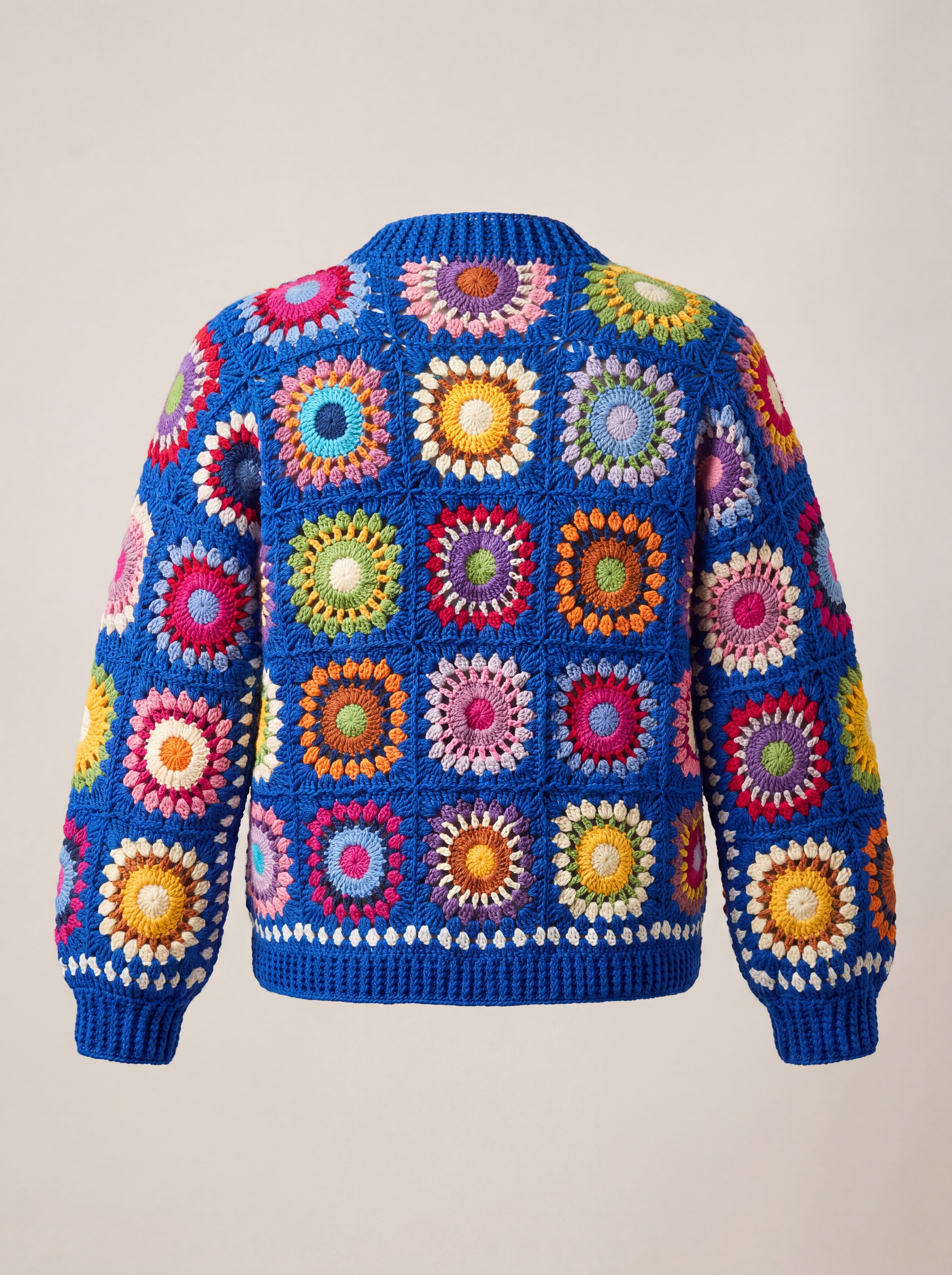 Back of the cobalt multicolour Ribbed Cuff Cardigan with ribbed hem and cuffs - handmade by Ana Chic