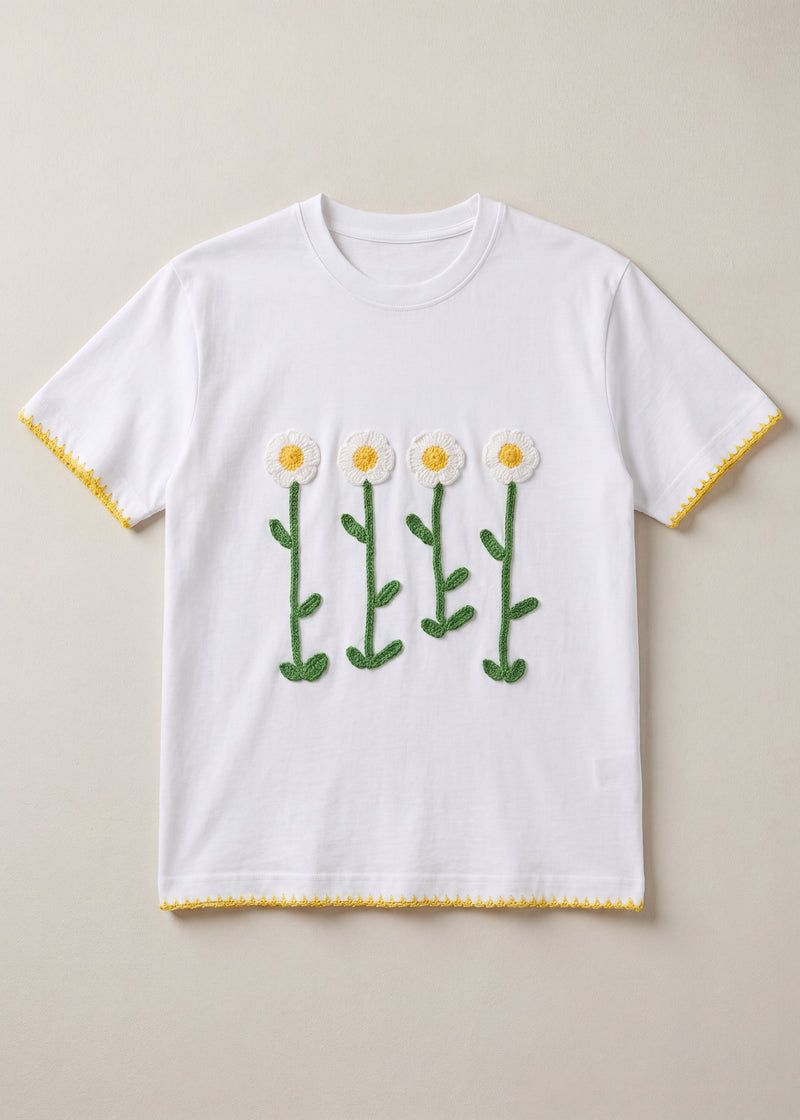 Handmade organic cotton t-shirt with crochet accents by Ana Chic