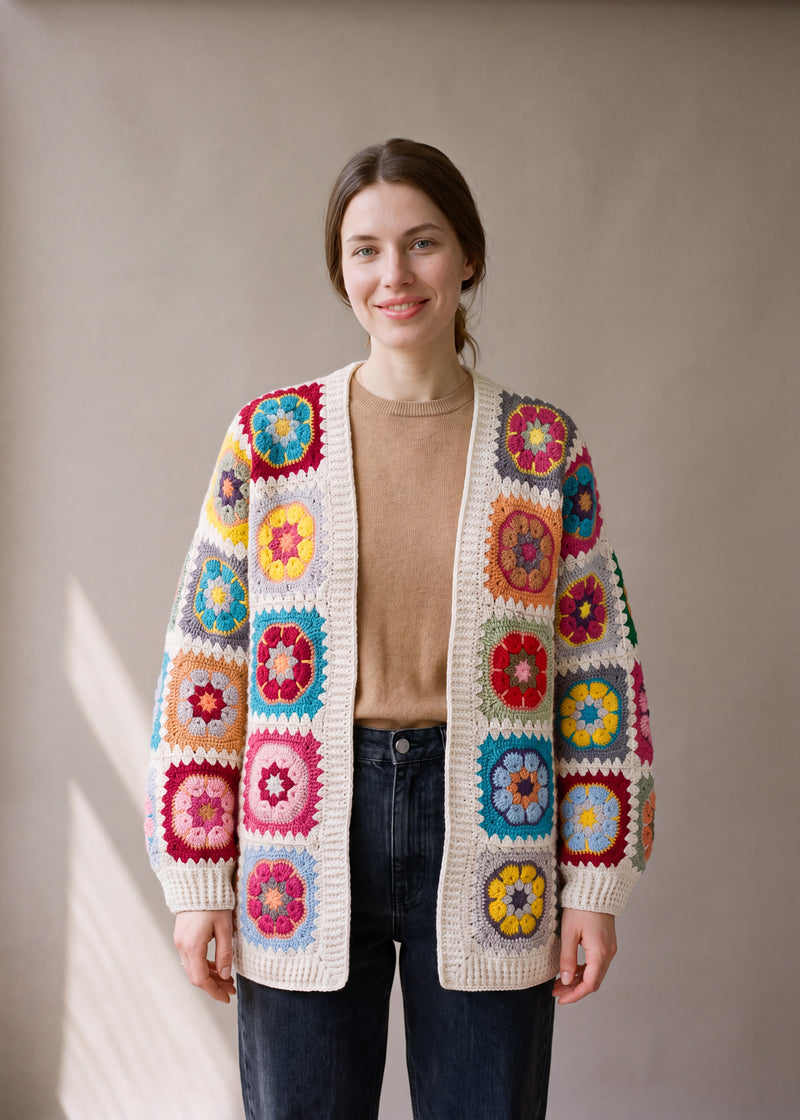 African Violet White worn open - handmade crochet cardigan by Ana Chic, Brighton studio