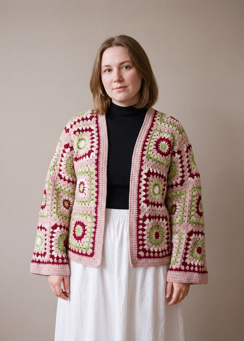 Boho Mosaic Pink - dusty pink handmade crochet granny square cardigan worn open over a plain top by Ana Chic
