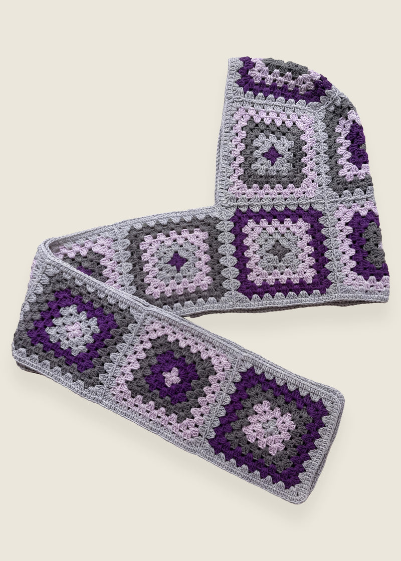 Grey granny-square crochet hooded scarf laid flat, hood and long scarf in one piece — handmade by Ana Chic