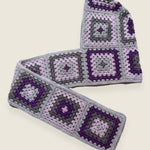 Grey granny-square crochet hooded scarf laid flat, hood and long scarf in one piece — handmade by Ana Chic