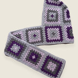 Grey granny-square crochet hooded scarf laid flat, hood and long scarf in one piece — handmade by Ana Chic