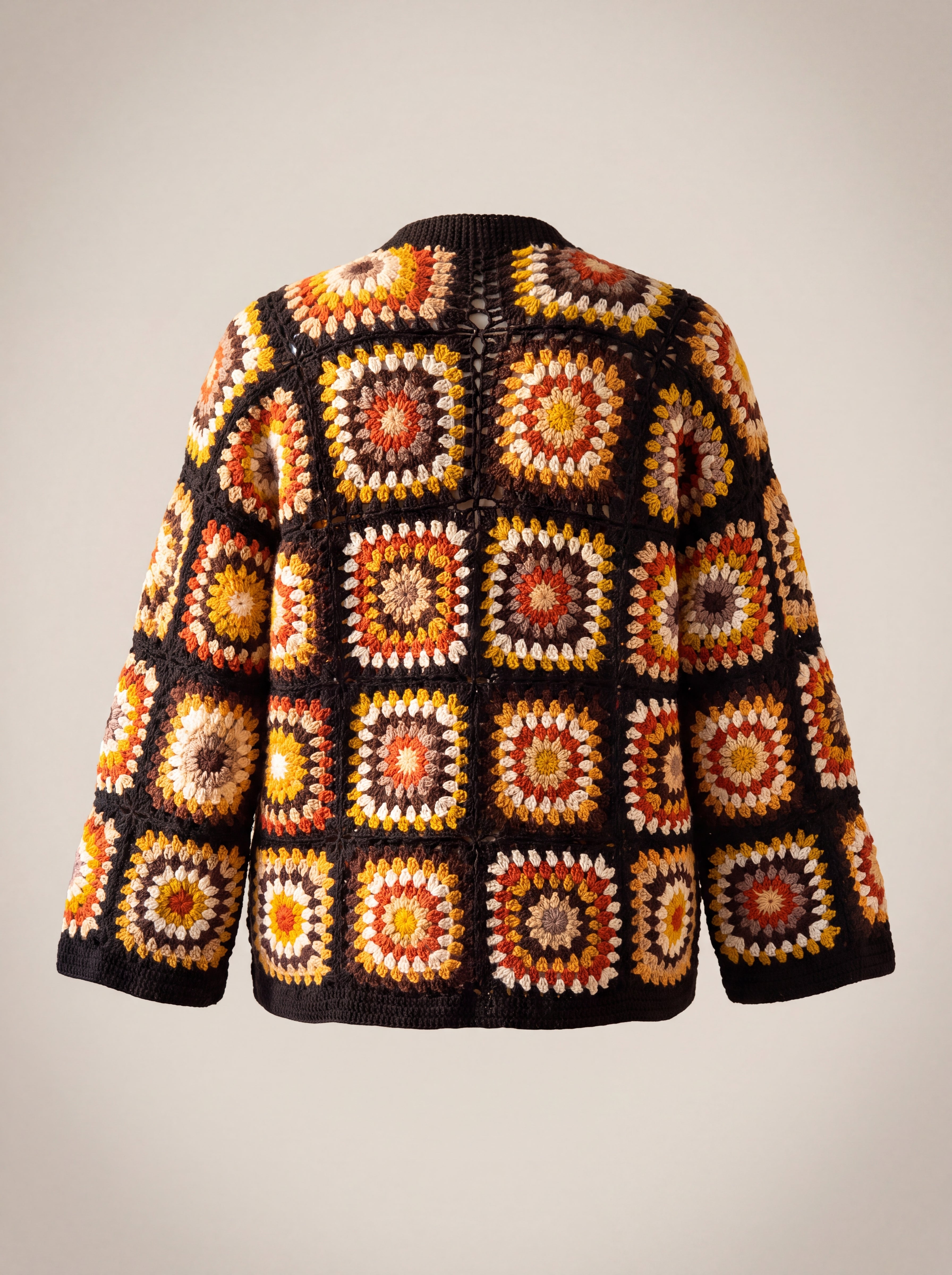 Black Boho Cardi back, granny squares running up to the neckline