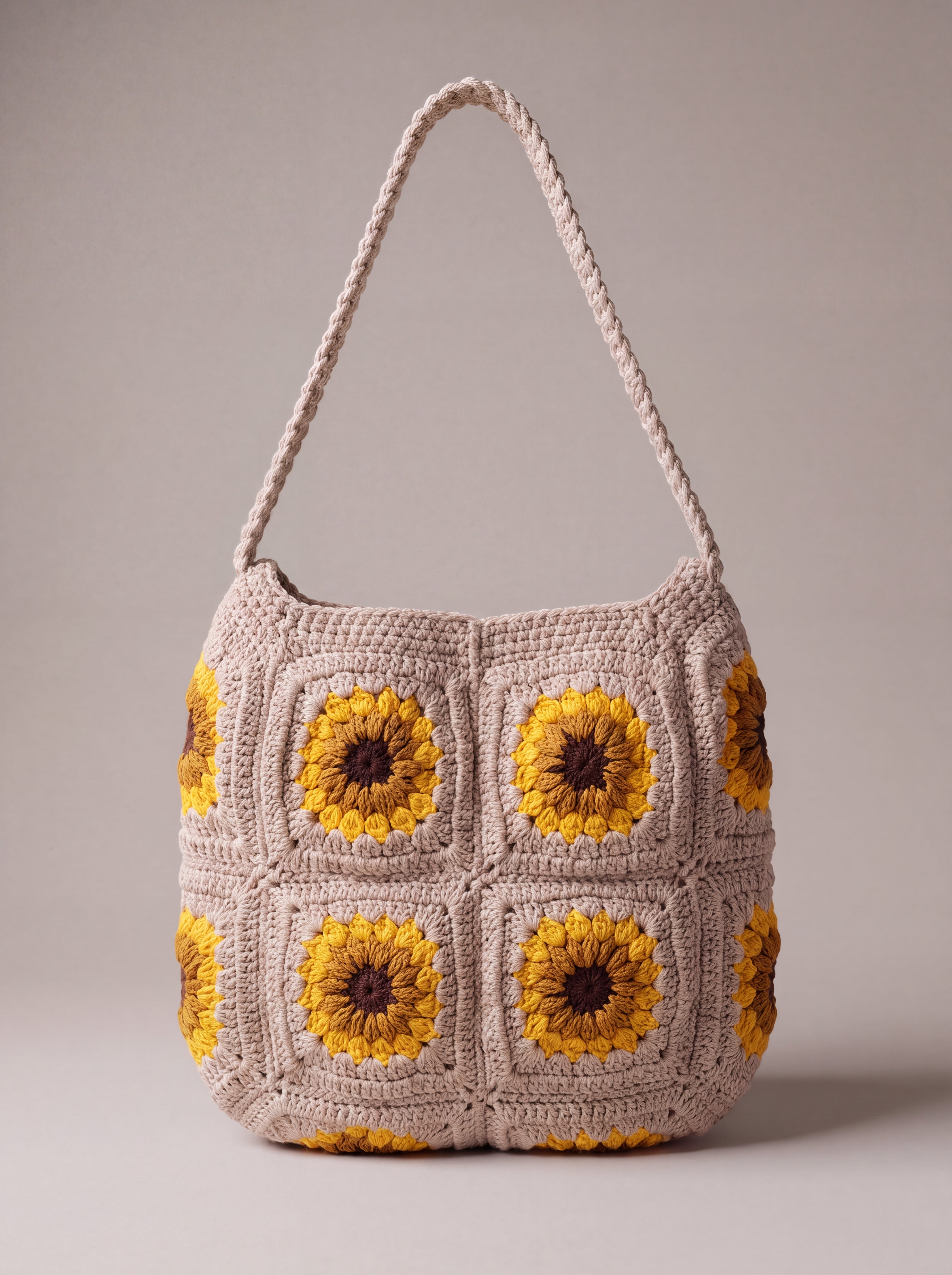 Back of the beige crochet crossbody bag with its sunflower squares and adjustable strap — handmade by Ana Chic