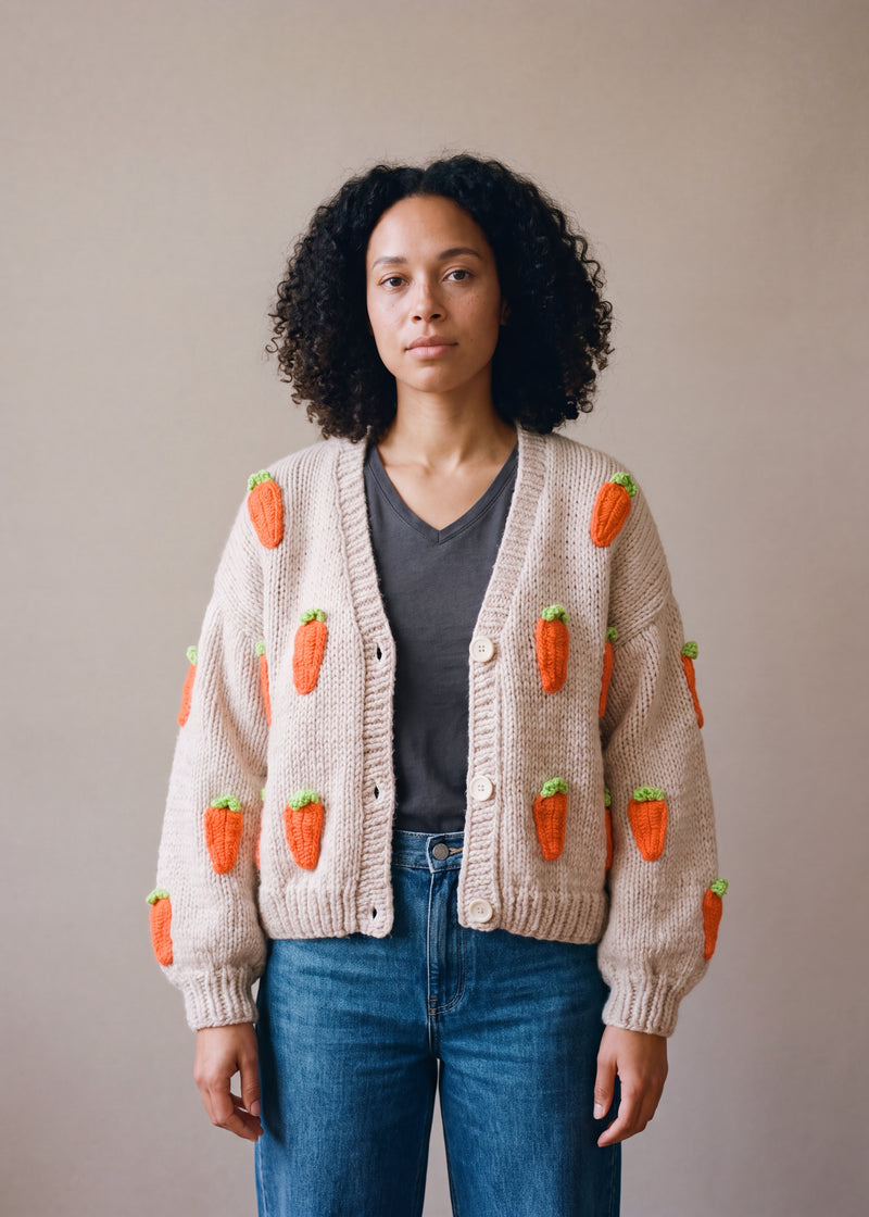 Carrot  Knit Cardigan - oatmeal cream chunky hand-knitted wool cardigan with crocheted motifs, worn open over a plain top by Ana Chic