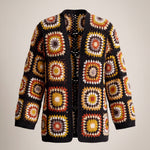 Black Boho Cardi front, open granny-square crochet cardigan in rust, mustard and cream